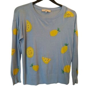 Loft light blue yellow lightweight sweater top lemons Small coastal beachy